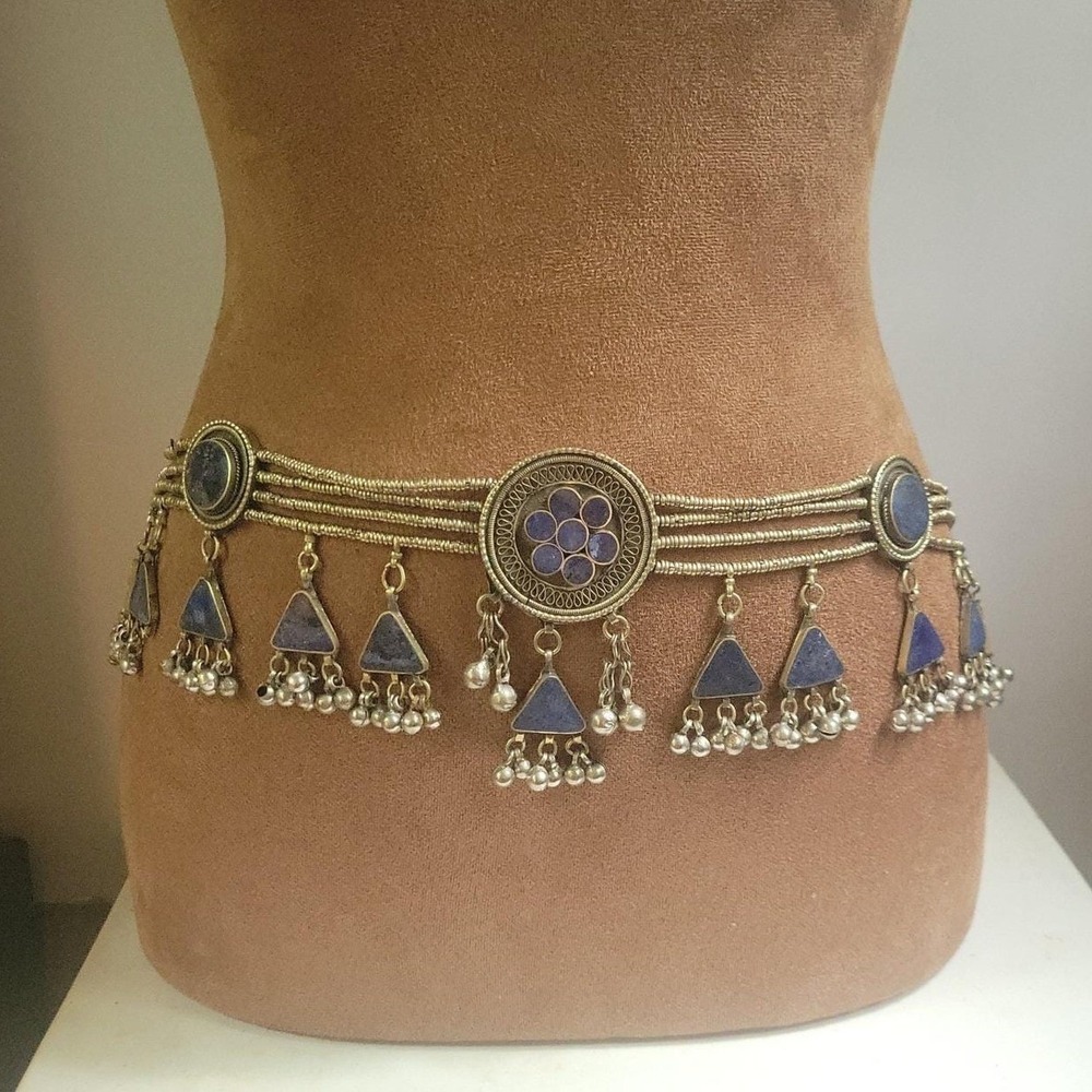Vintage Tribal Silver Lapis Lazuli Tassel Belly Dance Belt Adjustable Goblincore